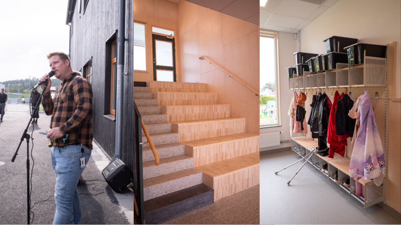 Biträdande rektor Olle håller tal under invigningen. Trappan i entrén. Kapprummet med jackor.