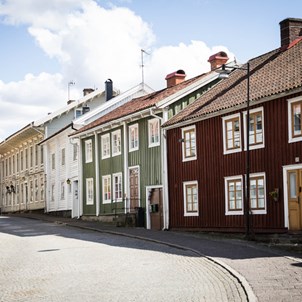 stenlagd gata hus i olika färger